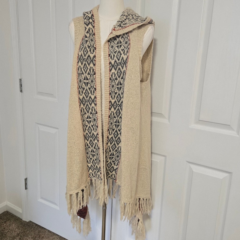 Hem & Thread Hooded Vest Womens M/L Beige Boho Fringed Geometric L4500 NWT